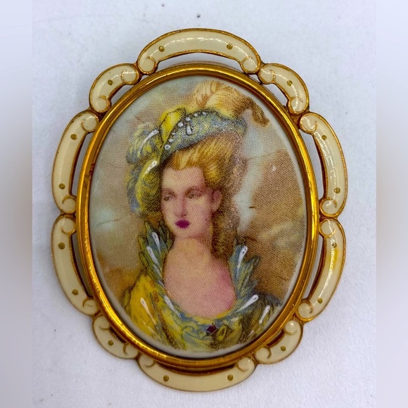 Thomas L Mott Jewelry - Antique Thomas L Mott Hand Enameled Painted Lady Brooch Pendant 1930 Cameo